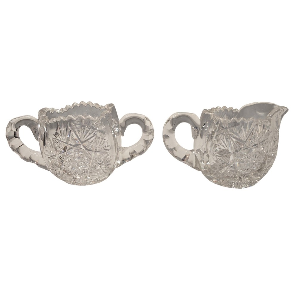 Vintage American Brilliant EAPG Clear Cut Glass Starburst Creamer and Sugar Set